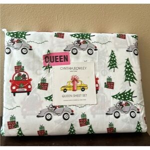 Cynthia Rowley Christmas Sheet Set Queen Cats Trees Gifts Holiday New